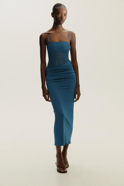 ZARA ДЛИННОЕ КОМБИНИРОВАННОЕ ПЛАТЬЕ, СИНИЙ