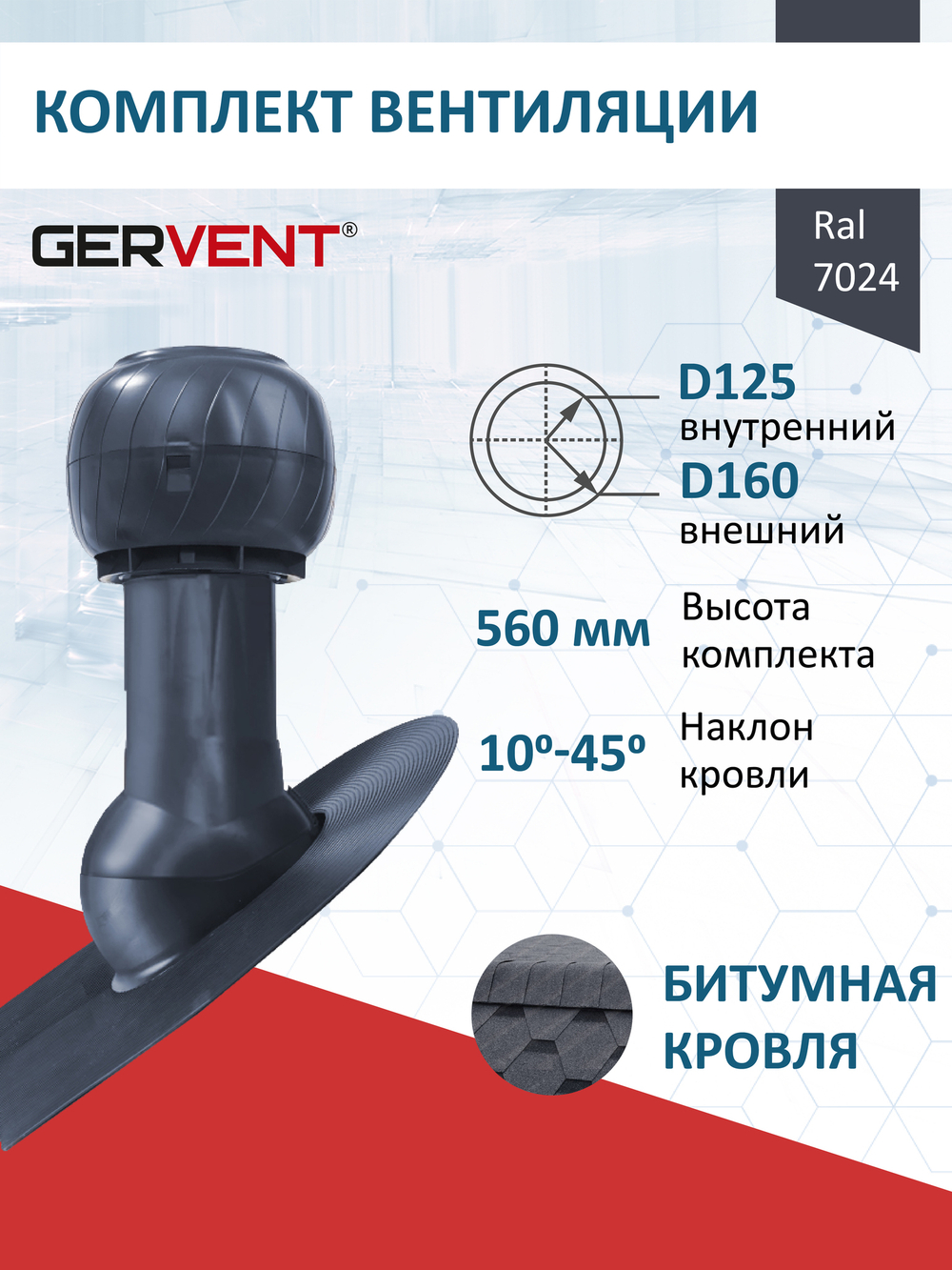 Готовый комплект изолированный серия Static (колпак): битум, Ø 125/160 мм, Gervent