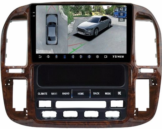 Магнитола для Toyota Land Cruiser 100, Lexus LX470 1998-2002 (климат на ШГУ, рамка дерево) - Teyes CC3-2K-360 монитор 9.5" 2K QLED на Android 10, 6+128Гб, CarPlay, 4G SIM-слот, 4 камеры в комплекте