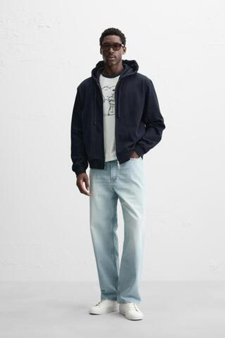 ZARA БАЗОВОЕ ХУДИ НА МОЛНИИ С КАПЮШОНОМ, МОРСКОЙ СИНИЙ