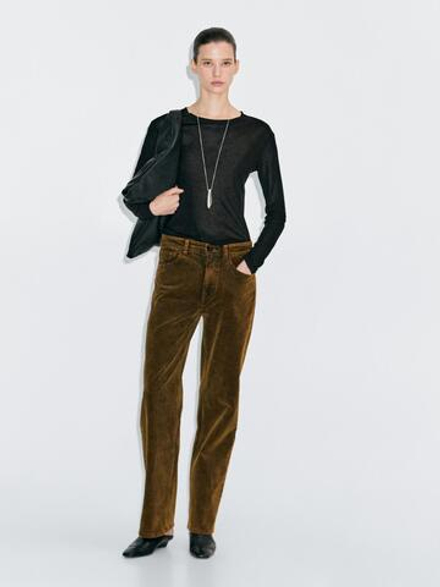 Massimo Dutti Брюки прямого кроя из вельвета, окрашенного сернистым красителем, горчично-желтый