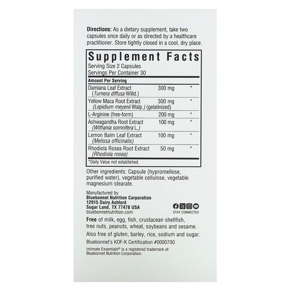 Bluebonnet Nutrition, Intimate Essentials, для нее, 60 растительных капсул