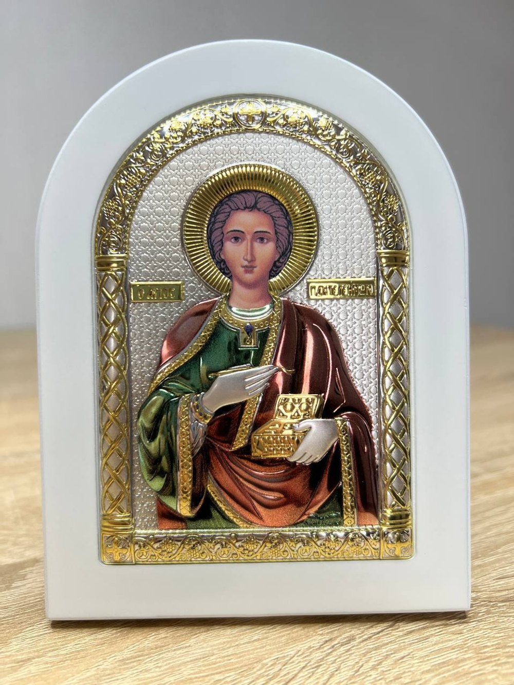 Пантелеймон, арочная, белое дерево, эмаль 105х140