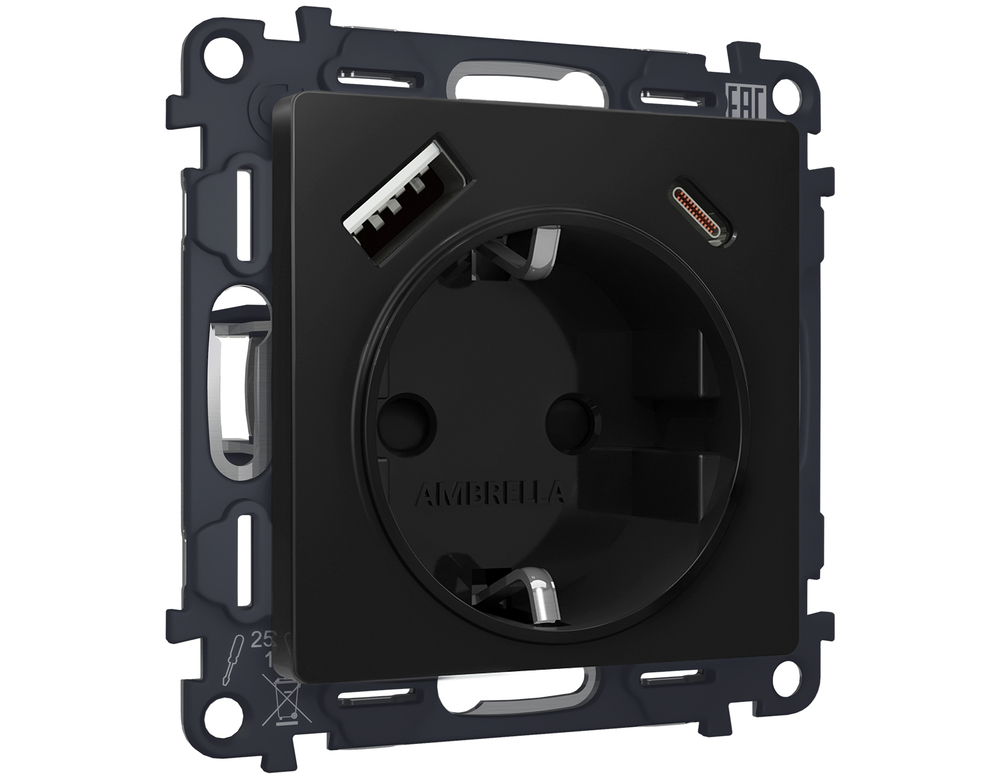 MA810010 Комплект механизма электрической розетки ALFA Черный матовый 2USB A+C 20W (быстрая зарядка) с/з QUANT (AP8100, VM160)