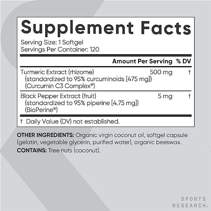 Комплекс с Куркумином с Биоперином, Turmeric Curcumin C3 Complex 500 mg, Sports Research, 120 капсул 2