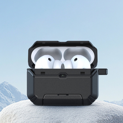 Противоударный чехол черного цвета для наушников AirPods Pro 3, серия PECS Series (с карабином и подставкой) от Dux Ducis