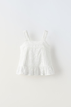 ZARA ТОП С АЖУРНОЙ ВЫШИВКОЙ, БЕЛЫЙ
