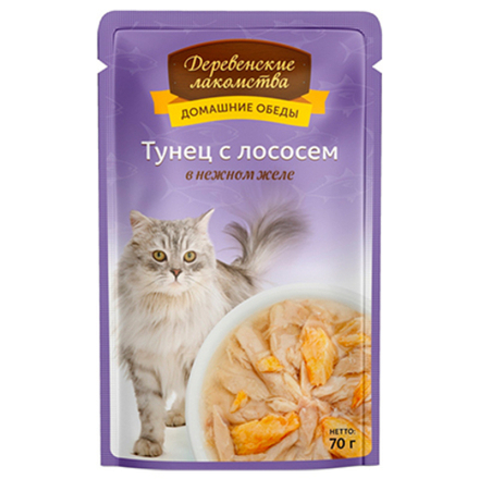 Деревенские Лакомства Пауч для кошек Тунец с Лососем в желе, 70гр