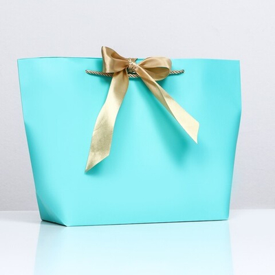 Бирюзовый подарочный пакет с лентой 26×25×11 см