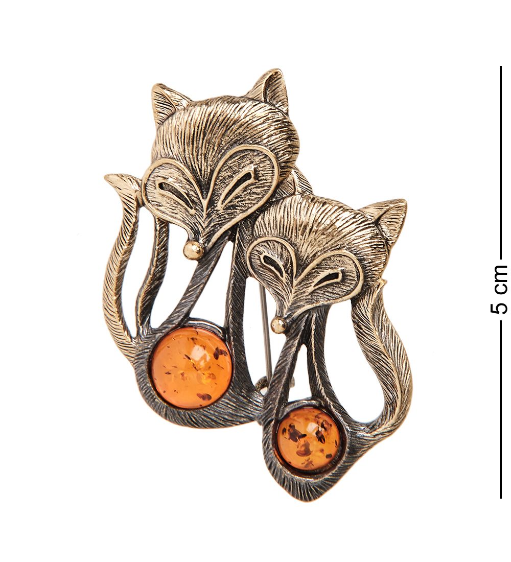 AM-2530 Брошь «Лисички Хитрые» (латунь, янтарь)