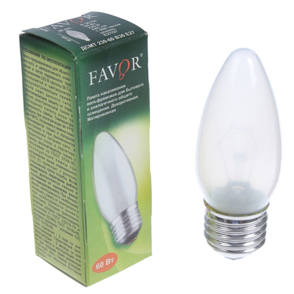 Лампочка Favor B36 60Вт Е27 / E27 230В свеча матовая | Favor