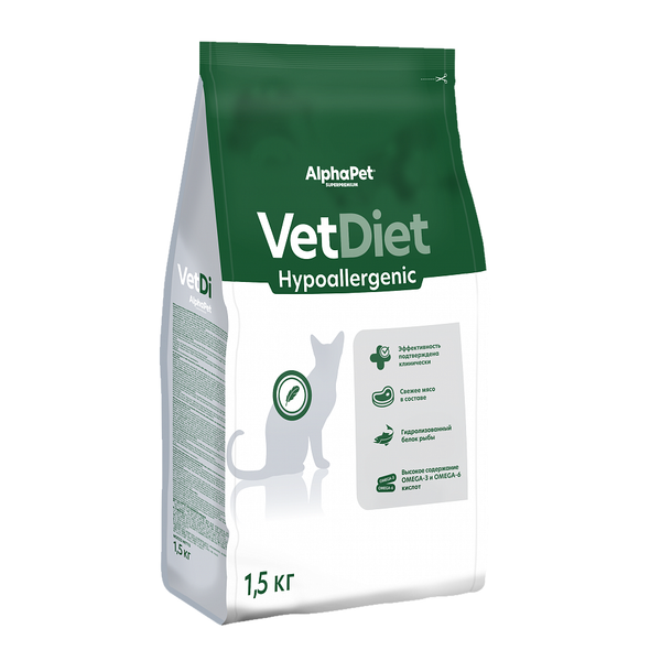 Сухой диетический корм AlphaPet VetDiet HYPOALERGENIC для взрослых кошек и котов при пищевой аллергии и непереносимости ингредиентов