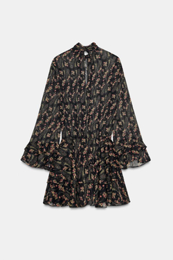 ZARA ПЛАТЬЕ ИЗ БАМБУКА С ЦВЕТОЧНЫМ ПРИНТОМ, ЧЕРНЫЙ/ЗОЛОТОЙ