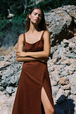 ZARA ПЛАТЬЕ-МИДИ ИЗО ЛЬНА, ТЕРРАКОТОВЫЙ