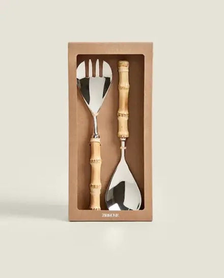 ZARA HOME НАБОР ДЛЯ ПОДАЧИ САЛАТА С БАМБУКОВОЙ РУЧКОЙ (НАБОР ИЗ 2 ПРЕДМЕТОВ), КОРИЧНЕВЫЙ