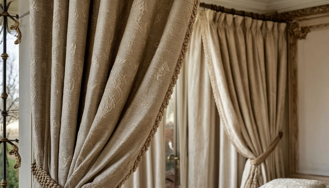Бежевые портьеры и покрывало - ключ к созданию уютной и гармоничной спальни.