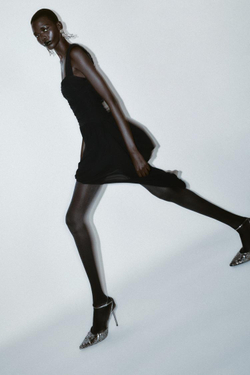 ZARA МИНИ-ПЛАТЬЕ АСИММЕТРИЧНОГО КРОЯ СО СБОРКАМИ И НИЗОМ-БАЛЛОНОМ, ЧЕРНЫЙ