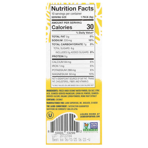 Laird Superfood, Hydrate Coconut Water, смесь для приготовления электролитов, лимон, 10 пакетиков по 9 г (0,3 унции)