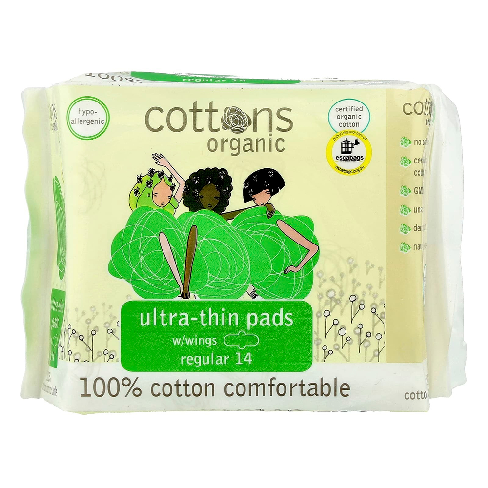 Cottons, Удобные ультратонкие прокладки с крыльями из 100% хлопка, обычные, 14 прокладок