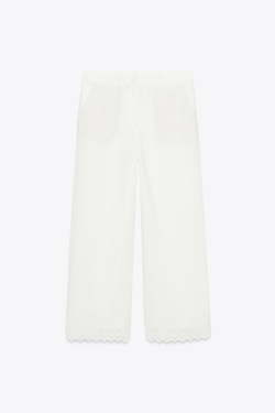 ZARA БРЮКИ ИЗ РАМИ С КРУЖЕВНОЙ ОТДЕЛКОЙ, ЖЕЛТОВАТО-БЕЛЫЙ