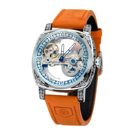 Часы наручные механические скелетоны FORSINING на кожаном ремешке, серебристый/коричневый W8980-01