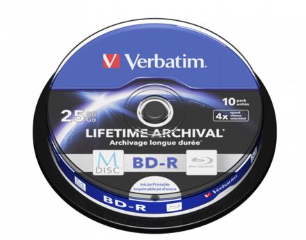 Оптический диск Verbatim BD-R 25GB 4X MDISC Lifetime archival Inkjet Printable, Spindle, 10 шт
