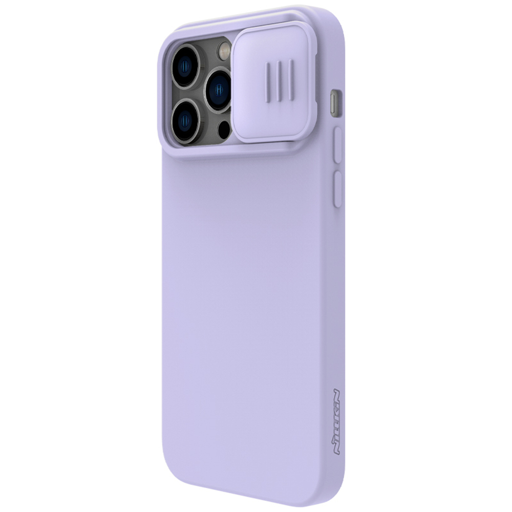 Чехол с шелковистым силиконовым покрытием от Nillkin для iPhone 14 Pro, серия CamShield Silky Silicone Case с защитной шторкой для камеры, цвет пурпурно-синий Misty Purple