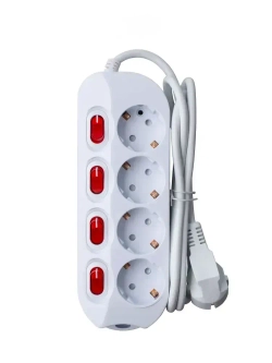 Удлинитель сетевой бытовой c заземлением 1,5м 4 розетки, 16А, 3680Вт защита от детей