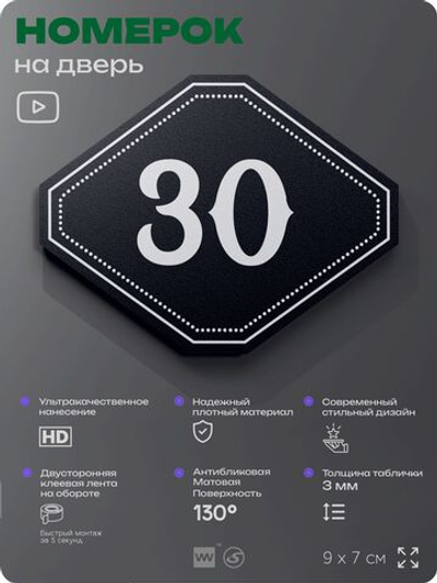 Номерок на дверь квартиры 30, для кабинета, офиса, шильдик 9 х 7 см, черный, Айдентика Технолоджи