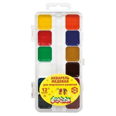 Акварель медовая, 12 цветов, без кисти, пластик (Каляка-Маляка)