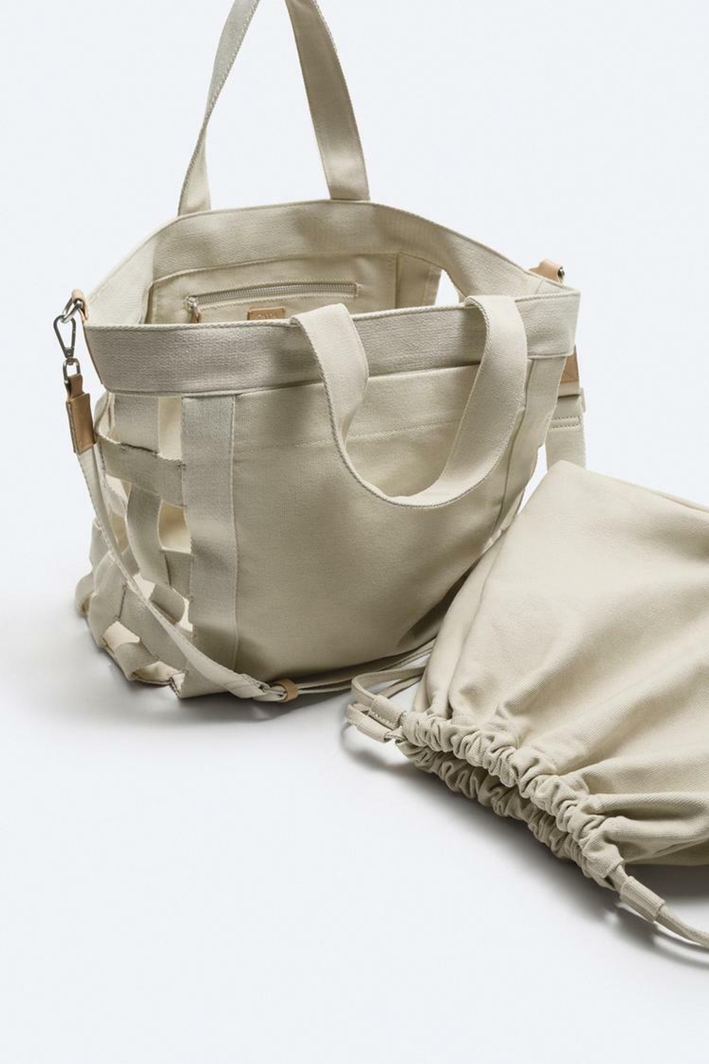 ZARA ПЛЕТЕНАЯ ХОЛЩОВАЯ СУМКА-ШОПЕР, БЕЛЫЙ ЭКРЮ