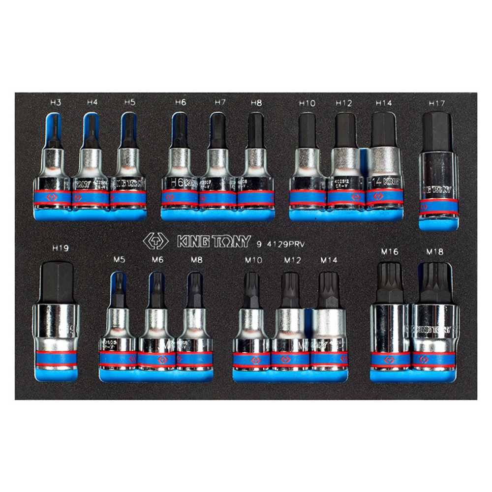 KING TONY (9-4129PRV) Набор торцевых насадок HEX и SPLINE, ложемент, 19 предметов