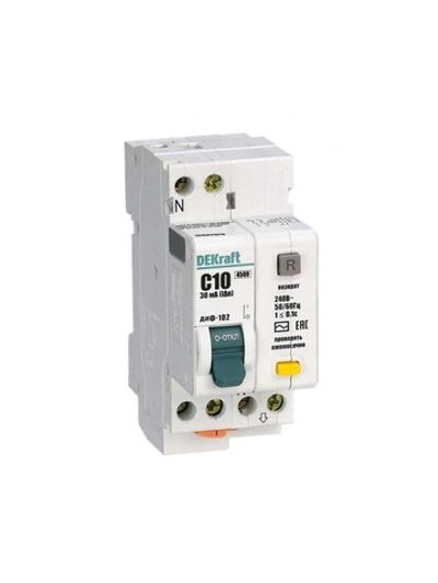 Выключатель автоматический дифференциального тока 2п (1P+N) C 10А 30мА тип AC 4.5кА ДИФ-102 2мод. DEKraft 16002DEK