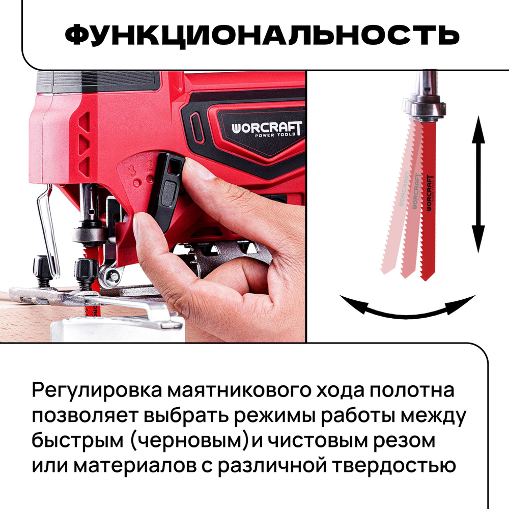 WORCRAFT Электролобзик аккумуляторный 20V, 600Вт, 2500 ход/мин. Лобзик по дереву и металлу.