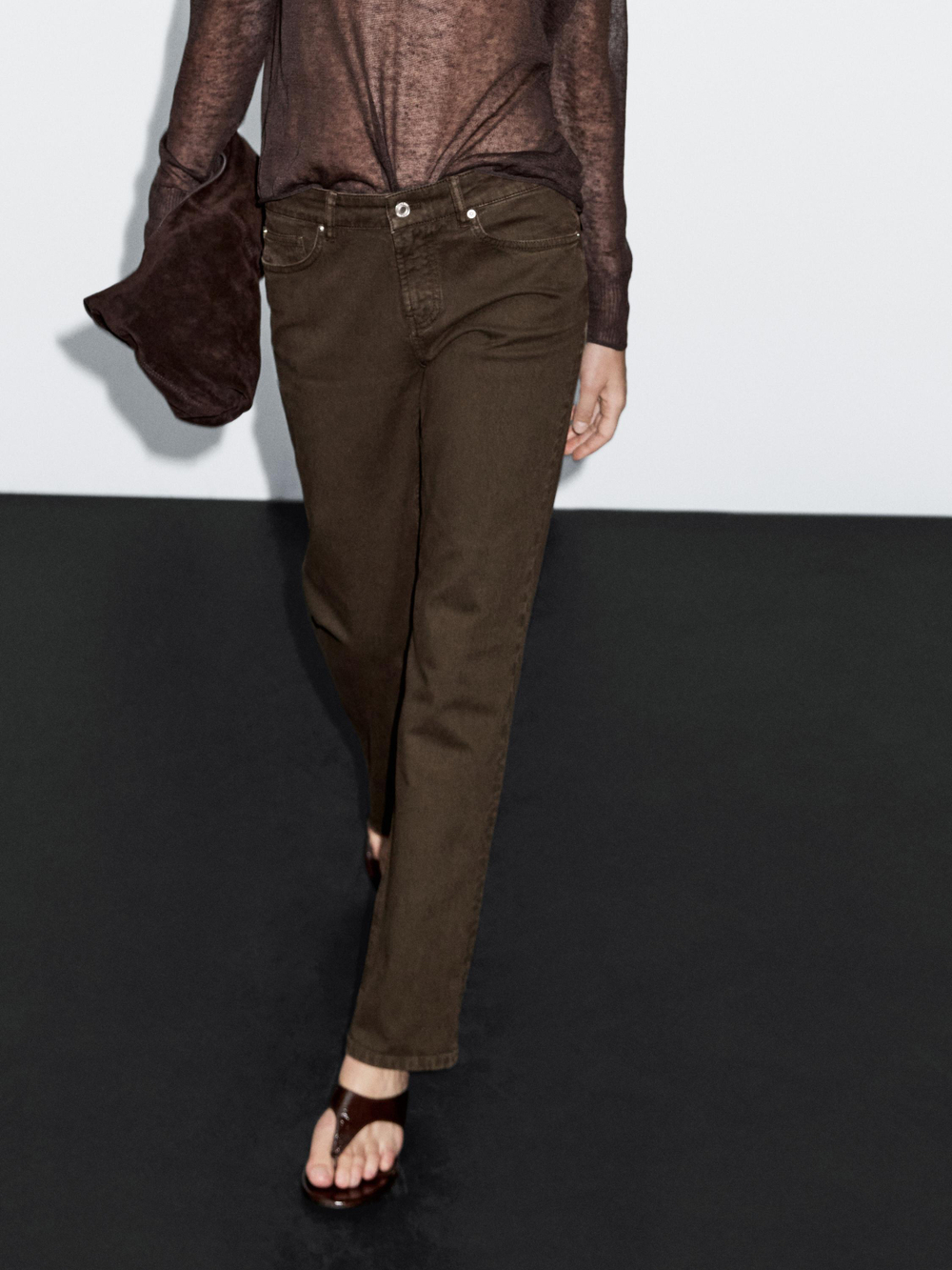 Massimo Dutti Брюки прямого кроя со средней посадкой и эффектом денима, шоколадный