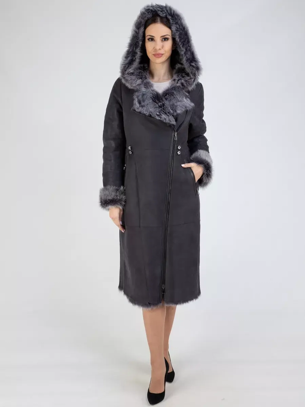 Дубленка зима натуральная с капюшоном длинная