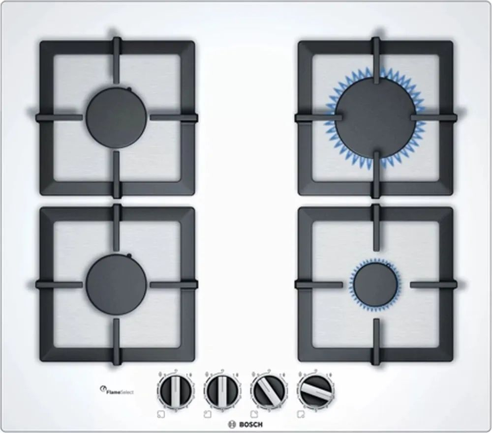 Встраиваемая газовая панель BOSCH PPP6A2B20O, независимая, 4 конфорки, белая