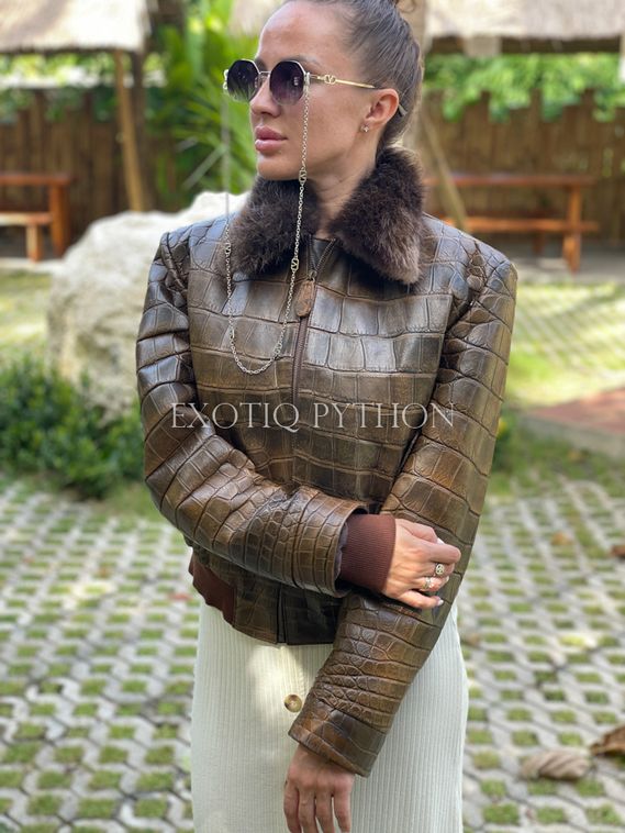 Куртка из кожи крокодила утеплённая мехом бобра JT-97