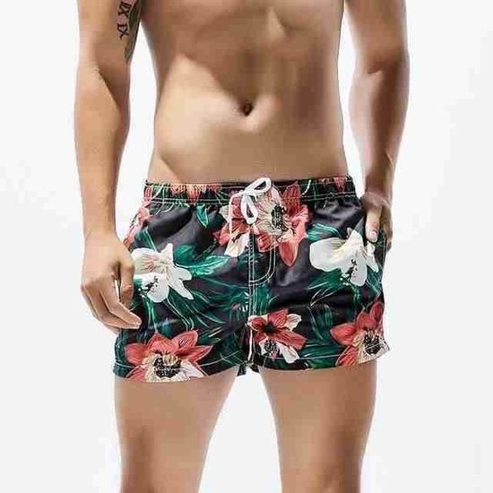 Мужские пляжные шорты черные с цветочным принтом SEOBEAN 30237
