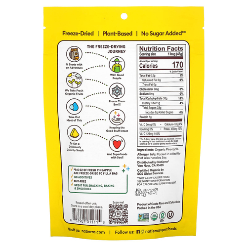 Natierra, органический сублимированный ананас, 43 г (1,5 унции)