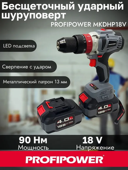 Аккумуляторный бесщеточный шуруповерт 18V 90Нм 2х4AH CASE PROFIPOWER