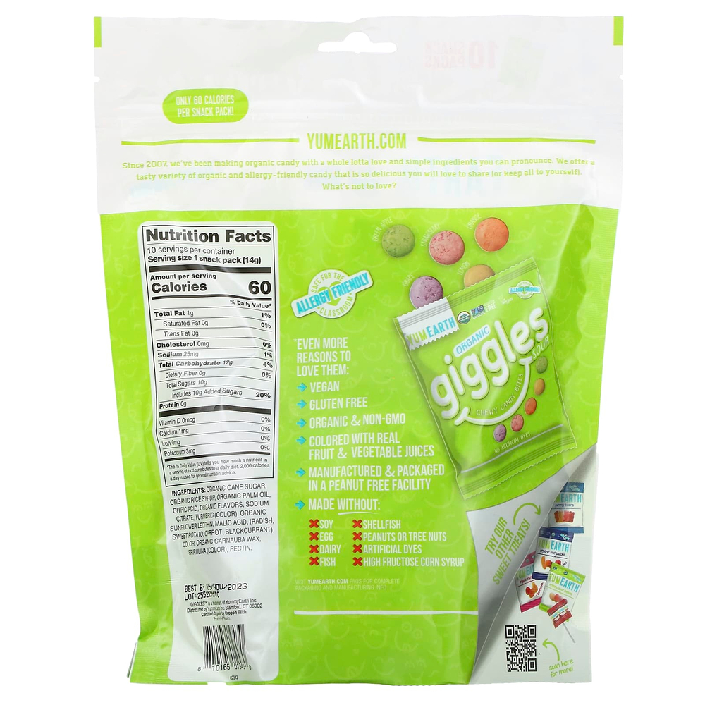 YumEarth, Organic Giggles, кислый вкус, 10 упаковок с закусками, 14 г (0,5 унции)