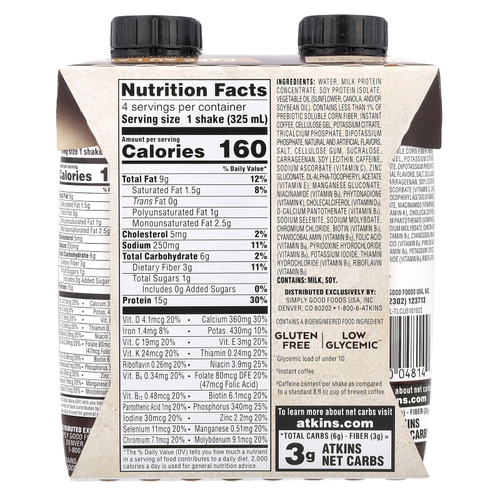 Atkins, Кофейный протеиновый коктейль со льдом, Cafe Au Lait, 4 коктейля, 325 мл (11 жидк. унц.)