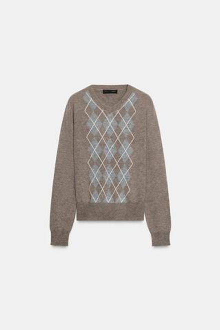 ZARA СВИТЕР ИЗ СМЕСОВОЙ ШЕРСТИ С УЗОРОМ «РОМБЫ», КОРИЧНЕВЫЙ МЕЛАНЖ