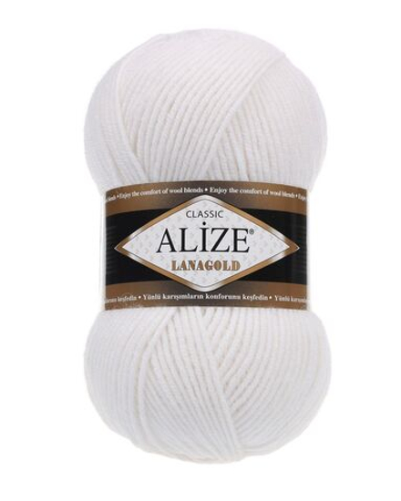 Ланаголд (Lanagold) пряжа Alize 49%шерсть 51%акрил 5х100г/240м 55 БЕЛЫЙ