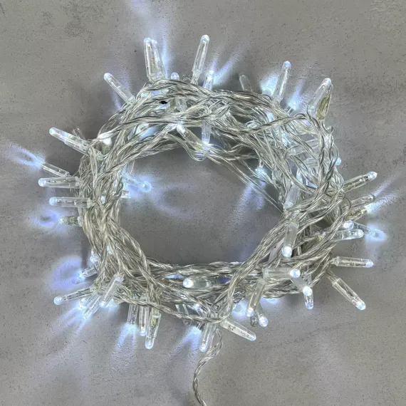 Светодиодная гирлянда с колпачком 100 холодных белых LED ламп 10 м., мерцание, 24В., прозрачный провод ПВХ, IP65, LTC (PST100BLWCAP-10-1W)