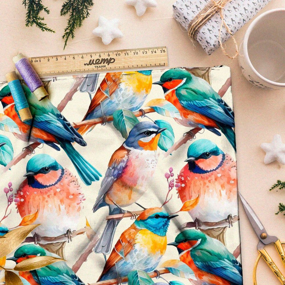 Ткань премиум интерлок акварельные птицы