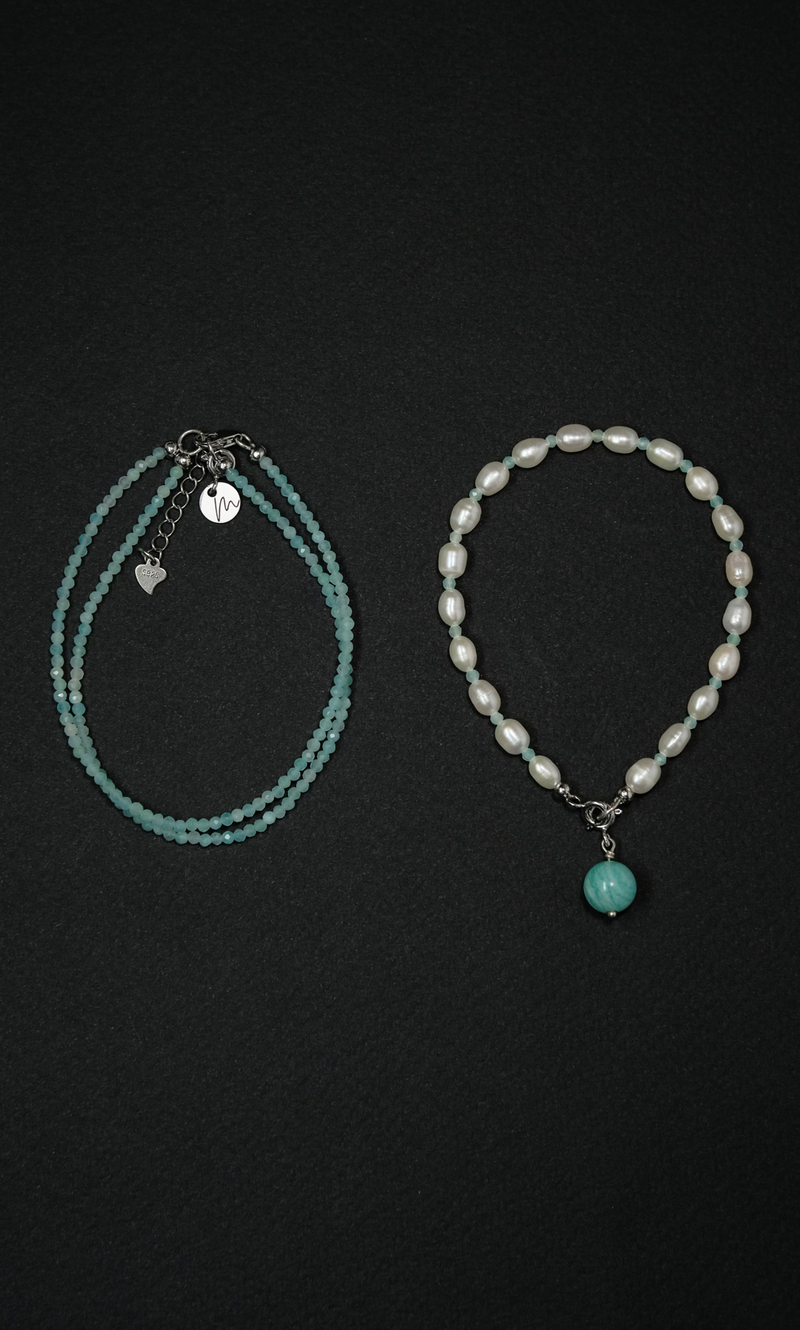 Колье Сотуар "Memo Flow" из амазонита с жемчугом