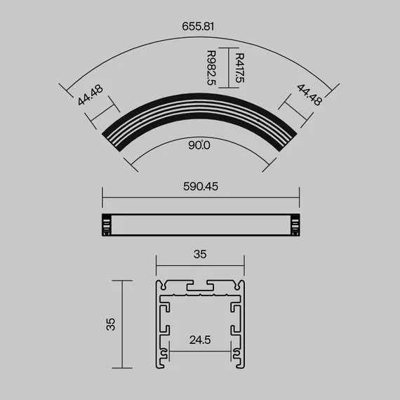 Радиусный профиль 35x35 D800мм 1/4 круга черный Led Strip alm-3535r-b-d-90°-0.8m