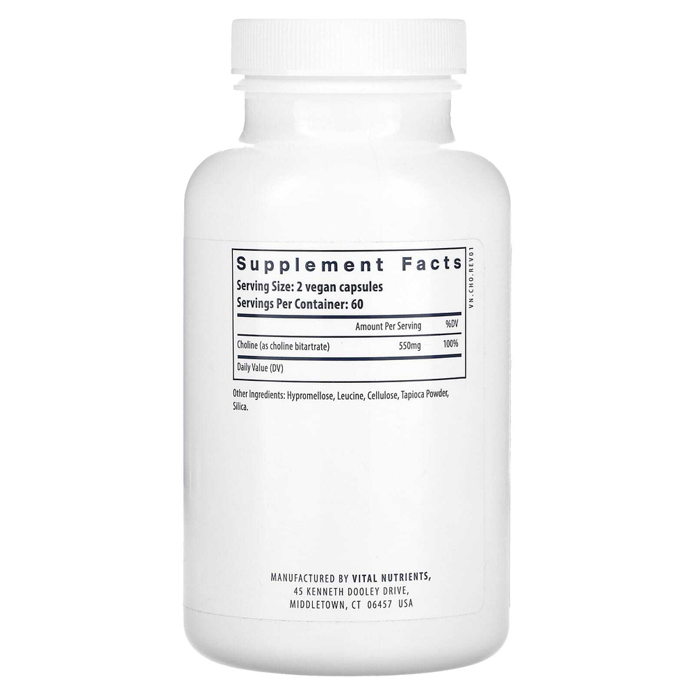Vital Nutrients, Холин, 550 мг, 120 веганских капсул (275 мг в каждой капсуле)